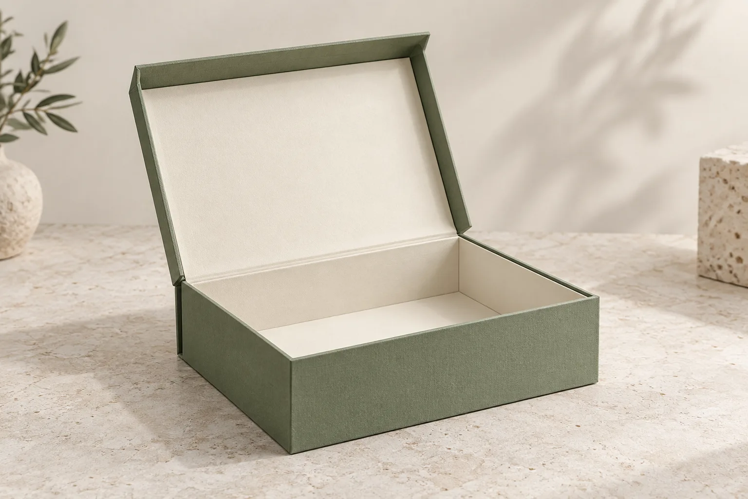 AI-generated concept of an assembled sage-green collapsible rigid gift box