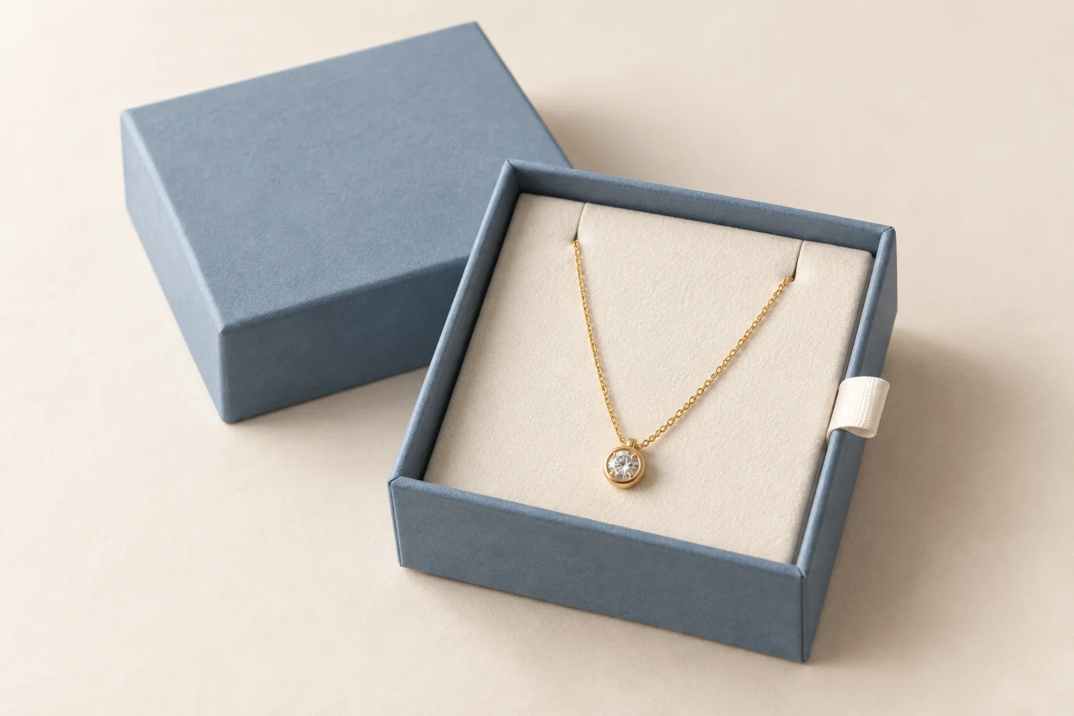 AI-generated concept of a blue rigid jewelry box with a necklace display insert and lift tab