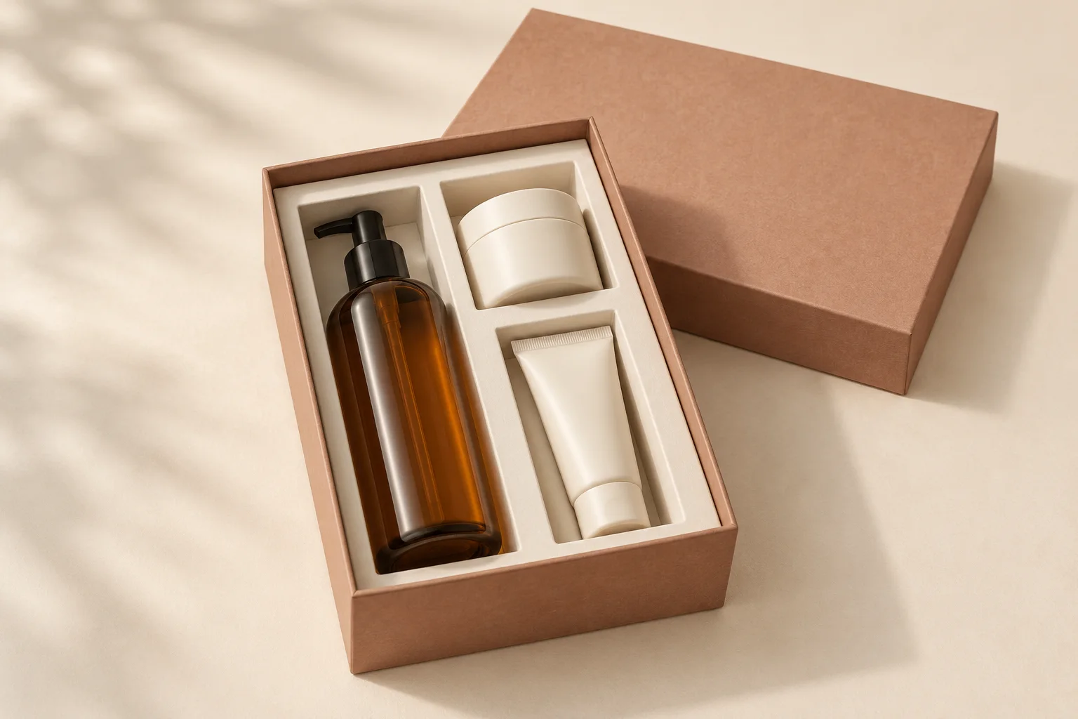 AI-generated concept of a clay-coloured rigid gift box with a bottle, jar and tube in separate ivory compartments