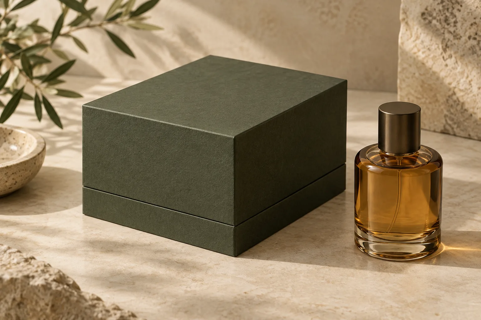 AI-generated concept of an olive rigid perfume box and amber bottle