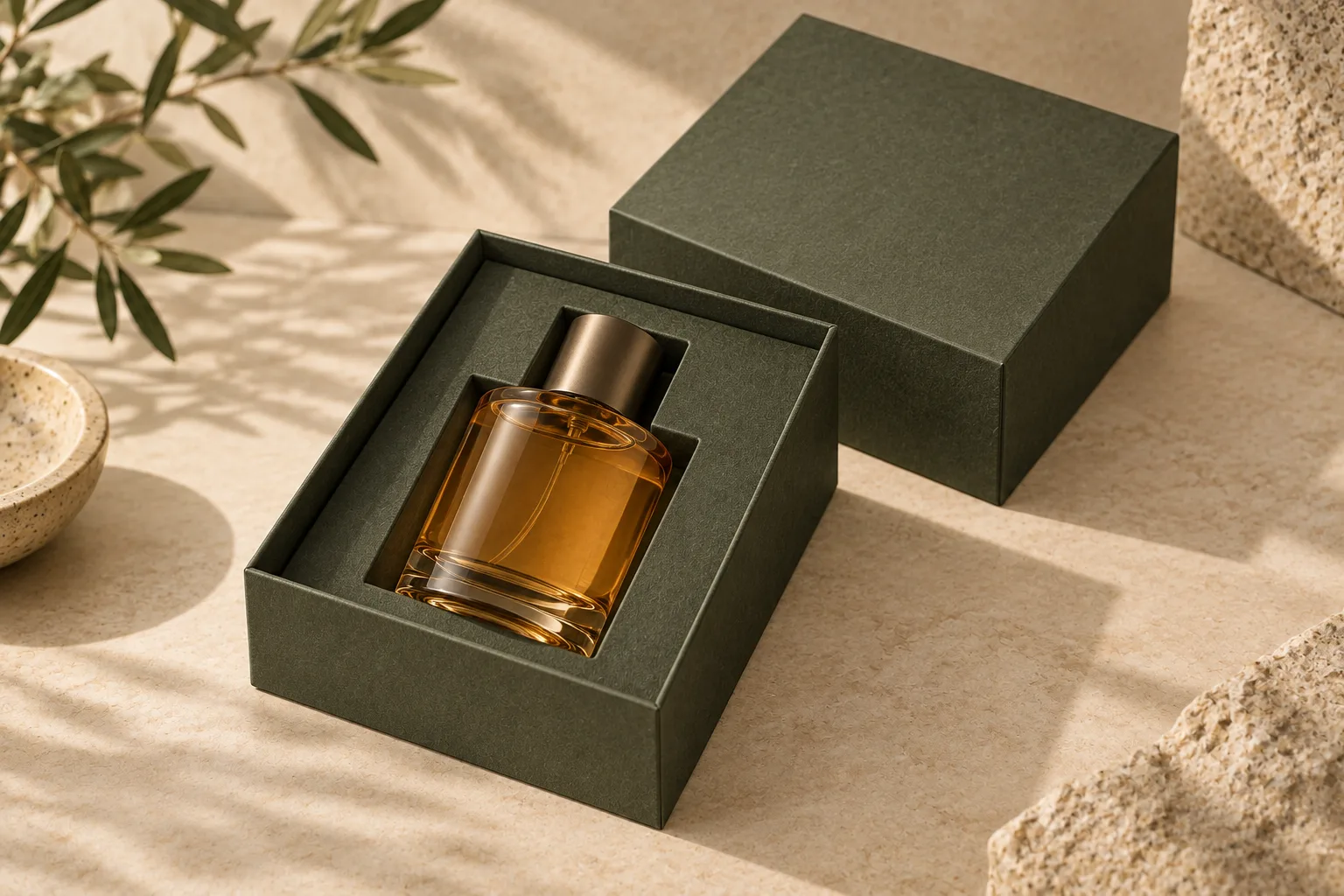 AI-generated concept of an open olive rigid box with an amber perfume bottle in a shaped insert