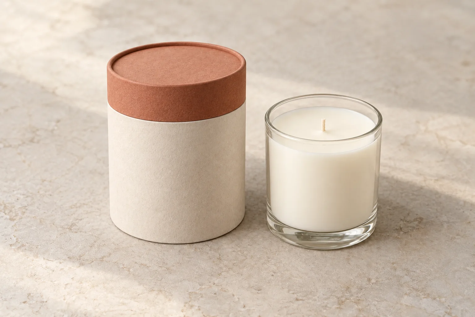 AI-generated concept of a paper tube beside an unlit glass candle jar