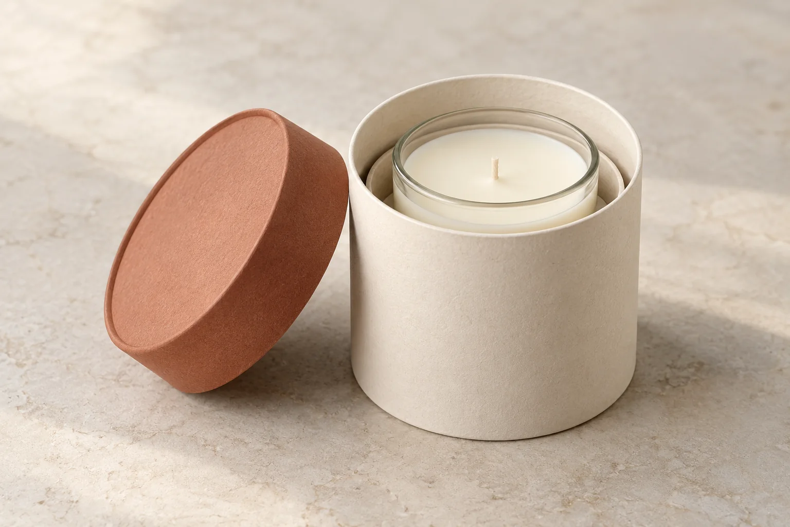 AI-generated concept of an open ivory paper tube with an unlit candle jar and paperboard locating ring